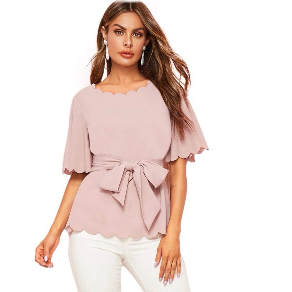 Women’s scalloped edge blouse with tie waist size large